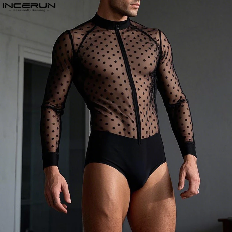 American Style Sexy Rompers Mens Stylish Homewear Jumpsuits Spliced Polka Dot See-through Mesh Thin Bodysuits S-3XL