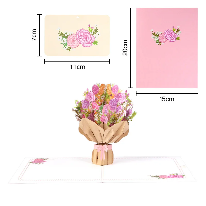 Valentine's Day 3D Card Embroidery Carnation Bouquet Paper Carving Creative Gratitude Blessing Message Envelope Cardboard