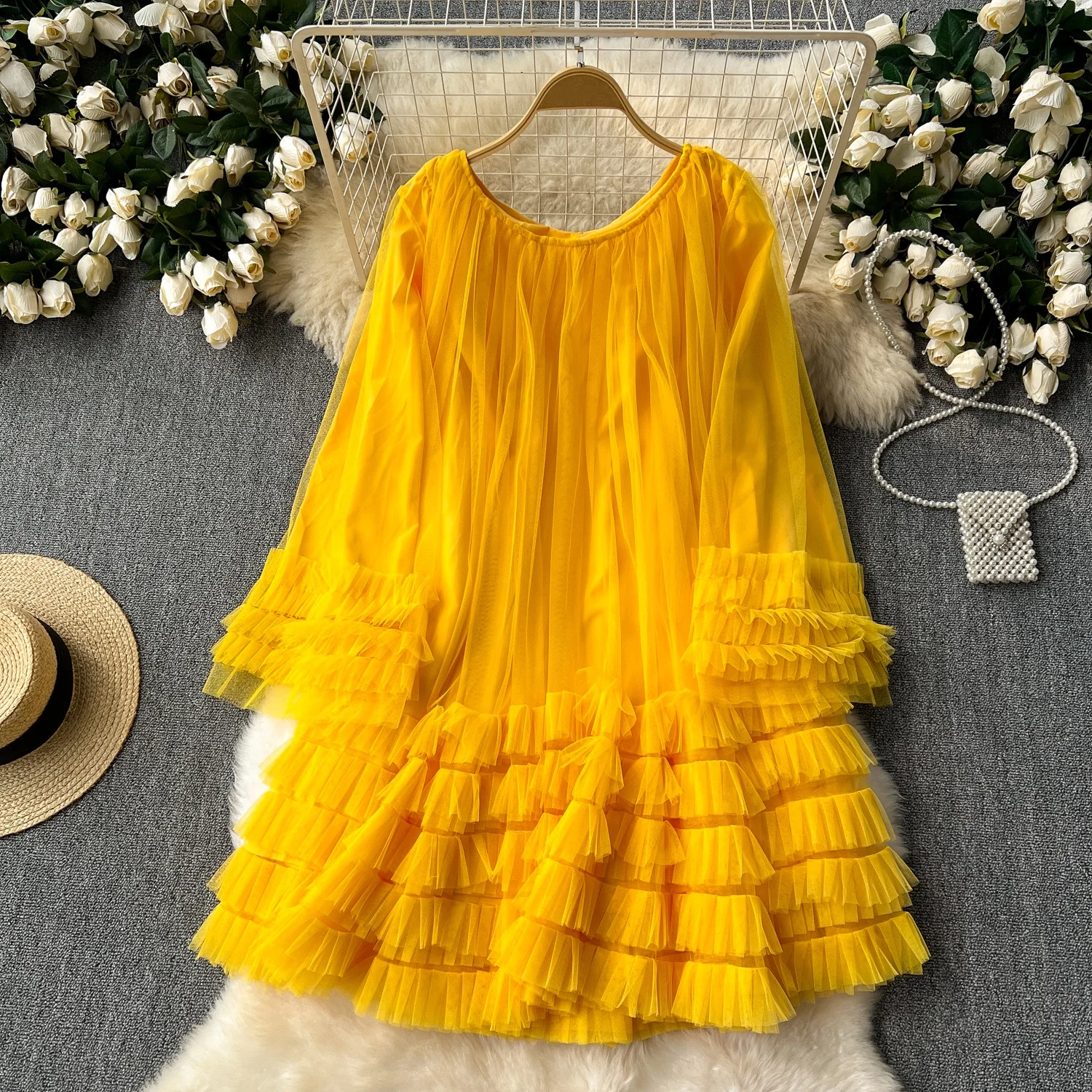 

Clothland Women Sweet Ruffle Ball Gown Dress Ruffles Long Sleeve Mesh One Piece Female Chic Fashion Mini Dresses Vestido QD534