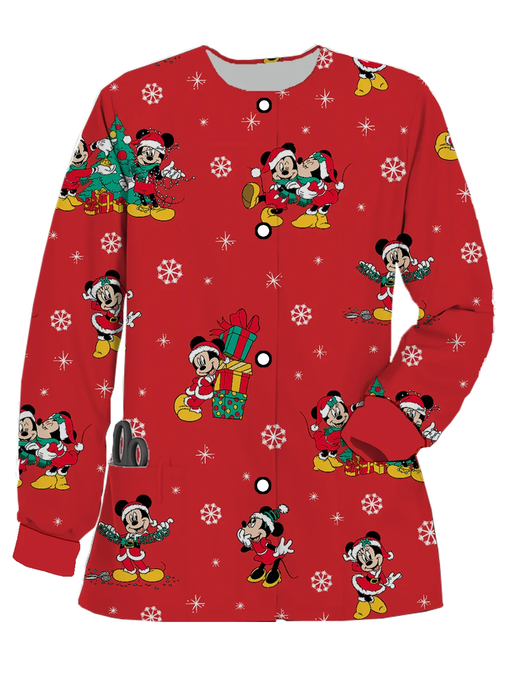 

Women's Nurse Uniform Printed Disney Classic Mickey Mouse and Minnie Round Neck Frosted Jacket Nurse Care Worker Jacket