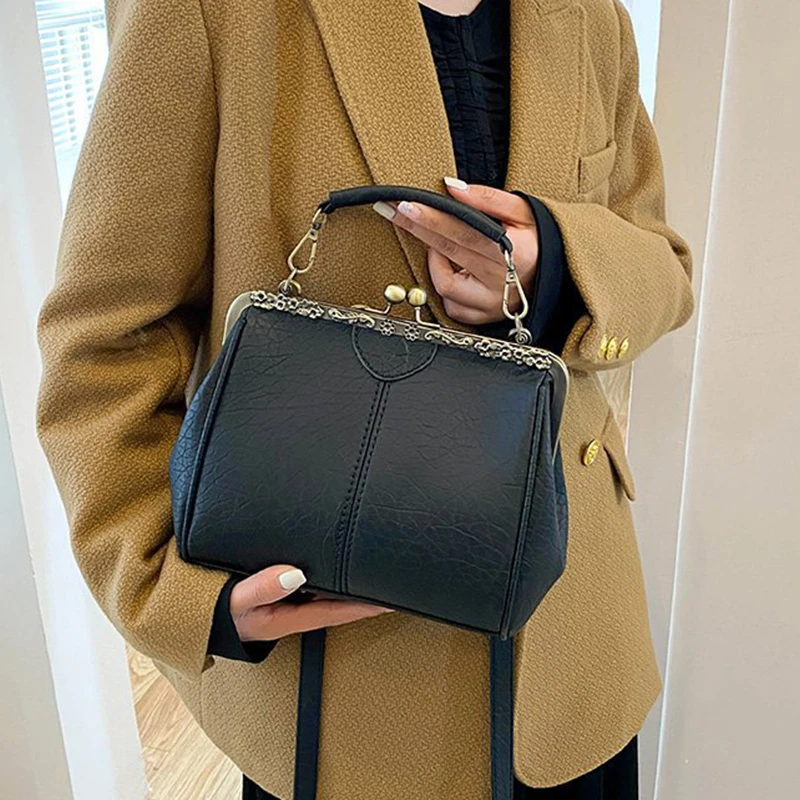 Fashion Women Clip Bags PU Leather Tote Handbag Female Kiss Lock Bag Luxury Vintage Crossbody Purse Bags Messenger Bag for Women