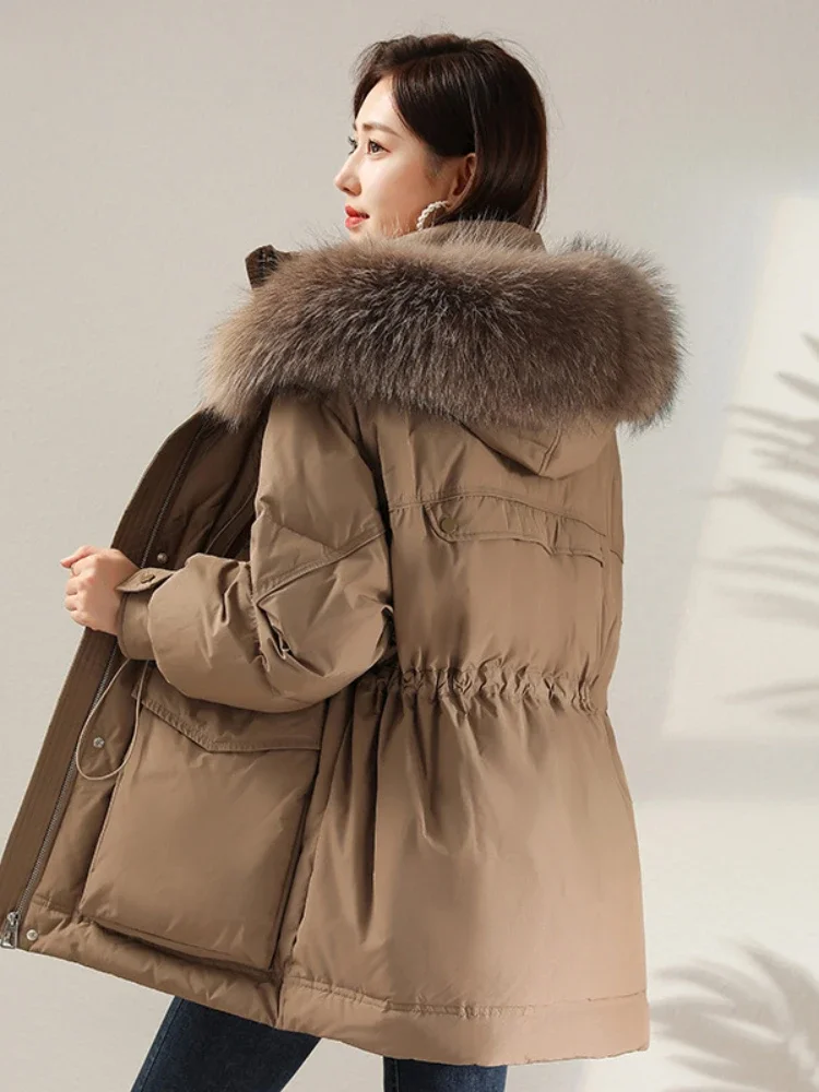 2023 Real Raccoon Fur Collar New Winter Women Pocket 90% White Duck Down Jacket Female Thick Warm Parka Loose Outerwear