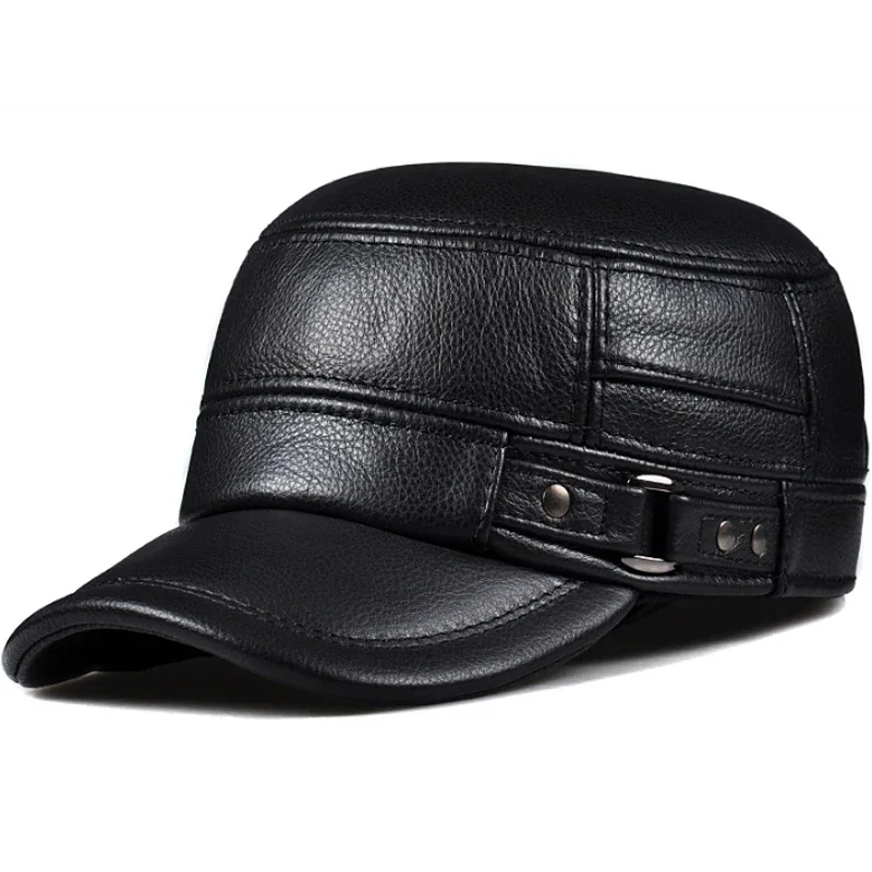 Winter Genuine Leather Cap Men's Flat Caps  Military Hat Elegant Man Baseball Cap British Vintage Cowhide Ear Warm Hat 4