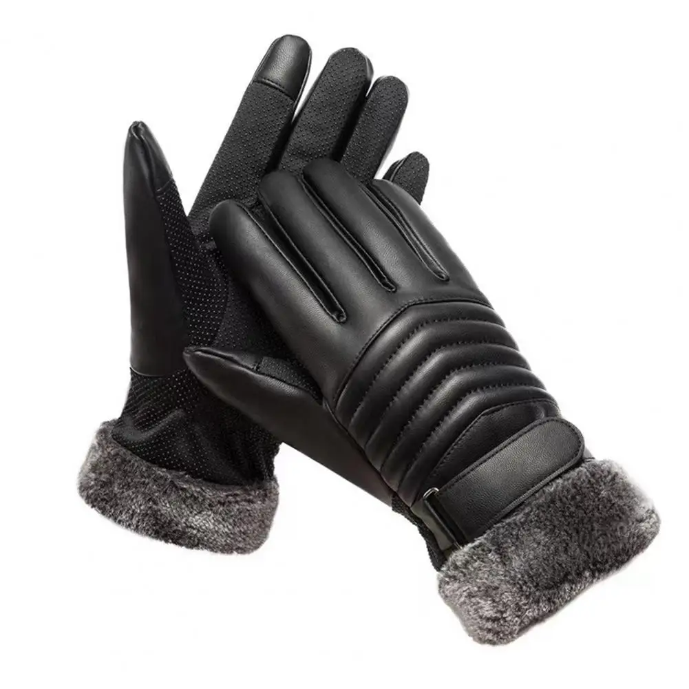 

Winter Plush Lining Riding Gloves Winter Faux Leather Motorcycle Gloves with Touch Screen Non-slip Palm Waterproof for Men