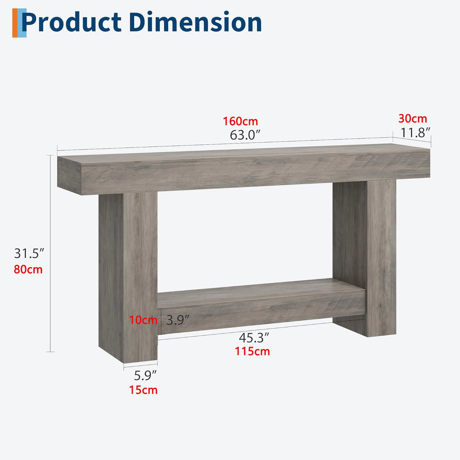 120 cm/160 cm langer Bauernhaus-Konsolentisch aus Holz, 2-stöckig, großer Sofatisch mit Stauraum für Wohnzimmer, Eingangsbereich, Flur – Detail 19
