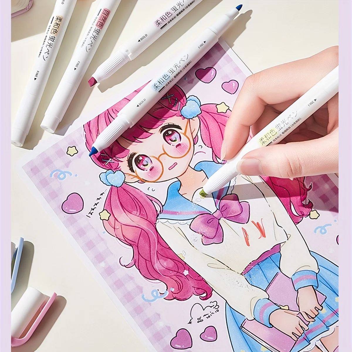 5 Colors Double Headed Highlighter Pen Set Fluorescent Drawing Markers Highlighters Pens Art Japanese Cute Pastel Stationery 2