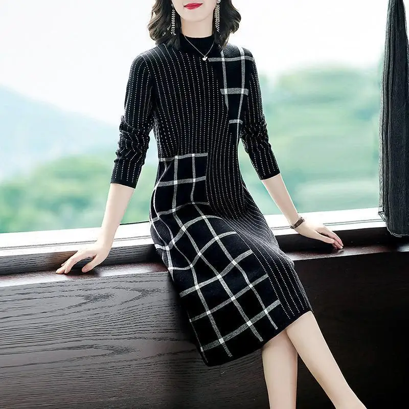 

Midi Dresses Women 2023 Autumn Winter Fashion Elegant Casual Turtleneck Long Sleeve A Line Dress Knitting Q537