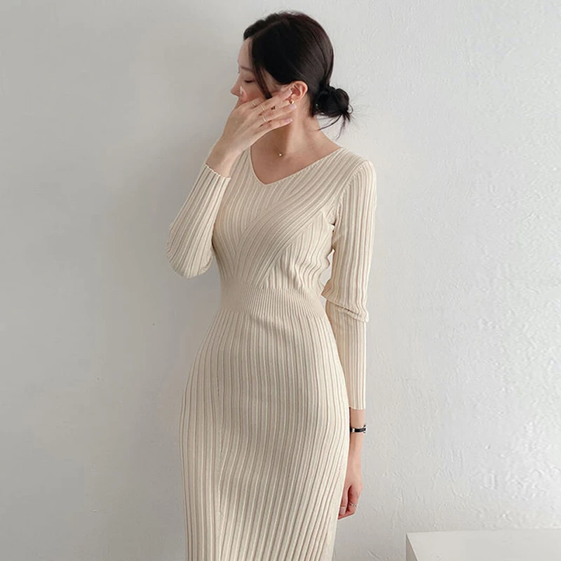 

Korean Chic V-neck Slim Knitted Dress Women 2024 Autumn Temperament Thin Long Sleeve Vestidos Sexy Slim Waist Long Dresses