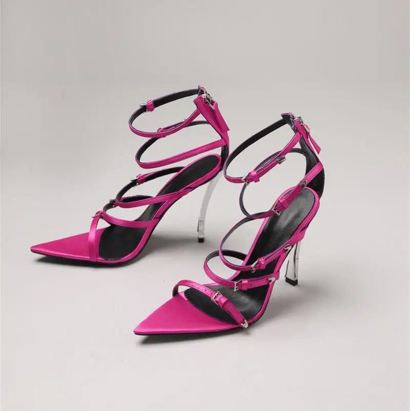 

2023 New Women's Sandals Sexy Pointed Toe Thin Strap Combination Buckle Zipper Stiletto Heels Dancing Party Shoes