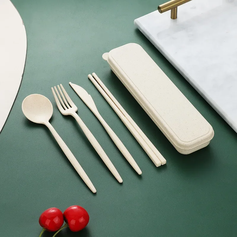 Cutlery Set 4-piece Wheat Straw Tableware Knives Forks Spoons Chopsticks New Portuguese Plastic Portable Tableware Set Dinnerware Set