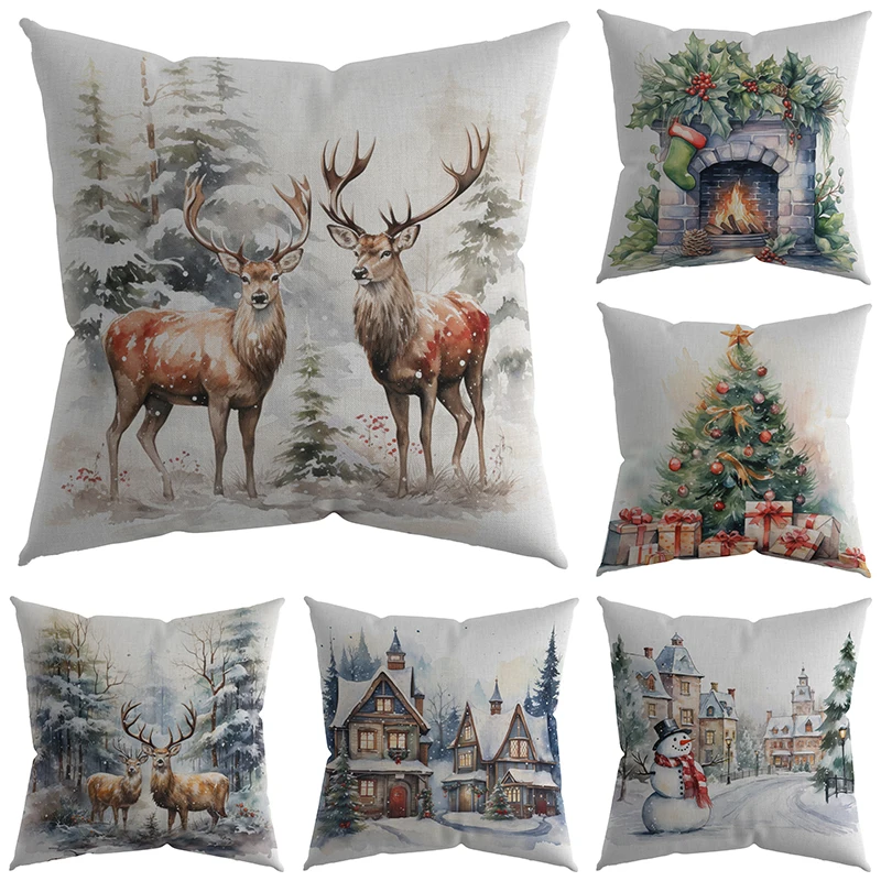 

Christmas pillowcase watercolor elk snowman Christmas tree fireplace printed pillowcase sofa cushion cover room home decoration