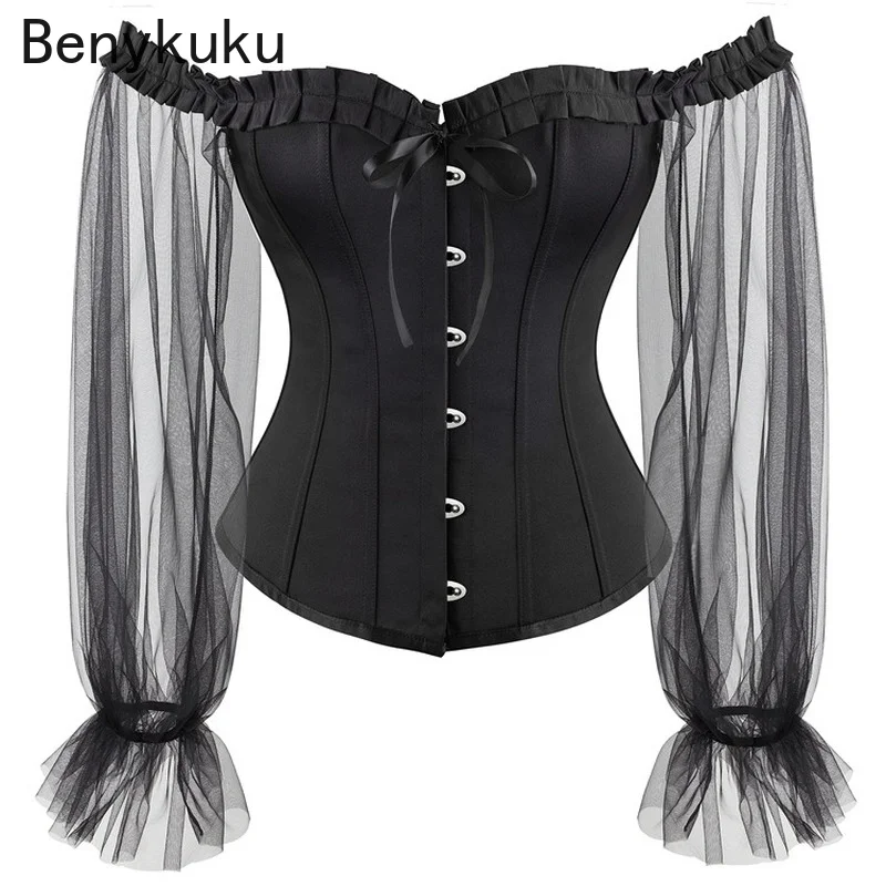 

Винтажный корсет, топы для женщин, блузка с длинным сетчатым рукавом, викторианский Ретро Бурлеск, кружевной корсет и бюстье для дам, тонкий женский корсет