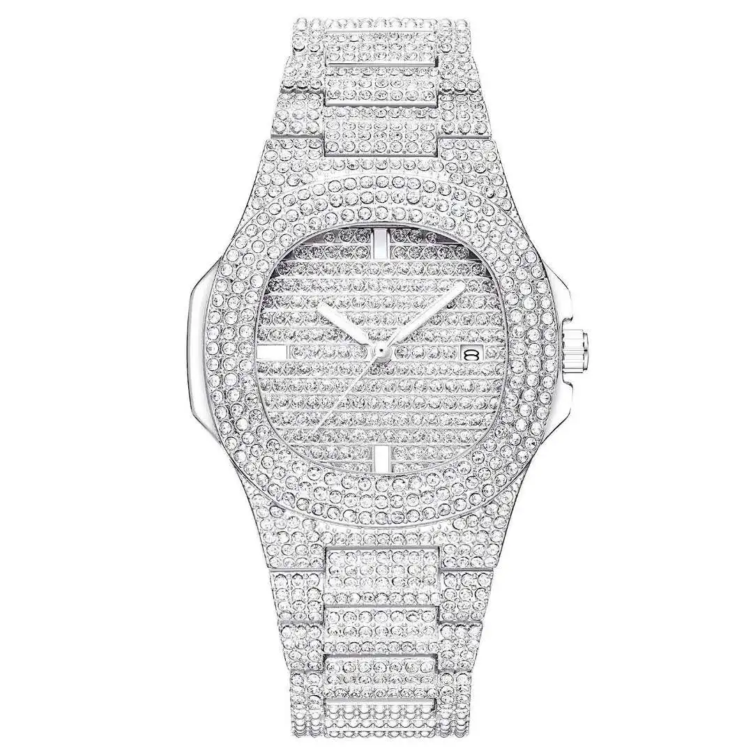 

Large Dial Best Selling Luxury Watch for Men Crystal Quartz Stainless Steel Imitation Diamond Watch for Men Luxury Gold Watch