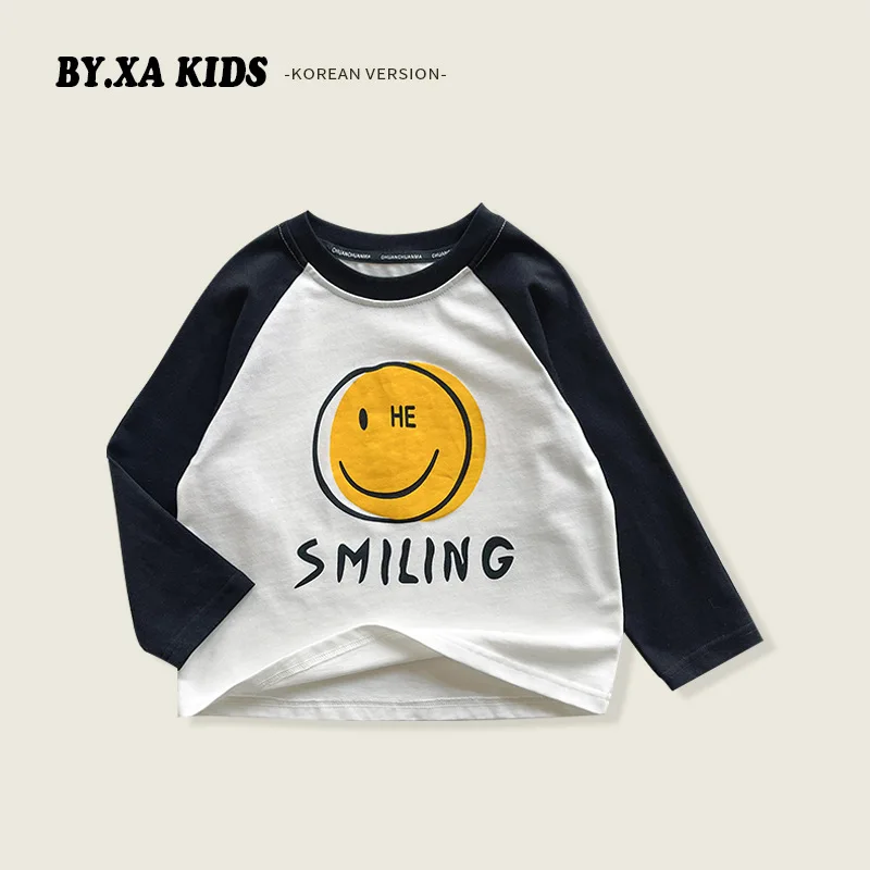 

Весна 2024, детские пуловеры для мальчиков, корейские топы с мультяшным изображением солнца и улыбки для маленьких мальчиков, хлопковые комбинированные Нижние рубашки с длинным рукавом для маленьких мальчиков