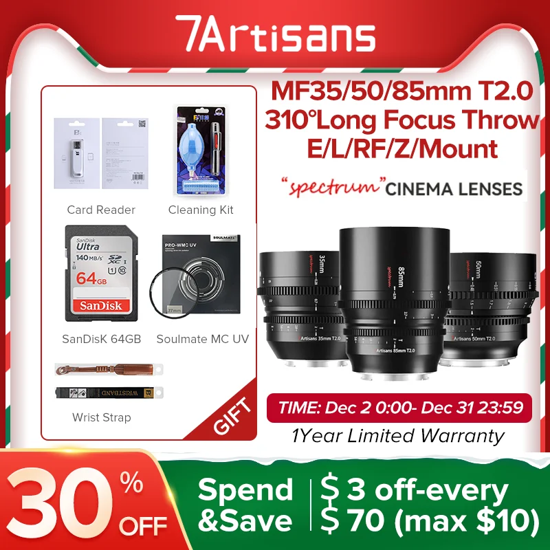 

7artisans 35mm 50mm 85mm T2.0 Full Frame Cinema Spectrum Lenses For Sony E FX3 Leica TL SIGMA FP Nikon Z5 Canon EOS-R