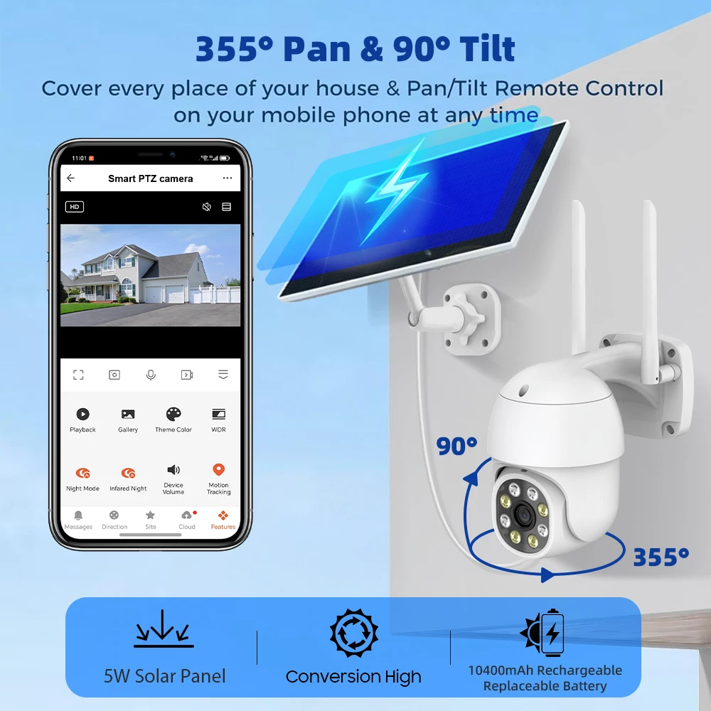 Tuya Smart 3MP Battery Solar Powered WiFi Wireless PTZ Outdoor PIR Motion Tracking Patrol PIR Security Surveillance FHD Camera