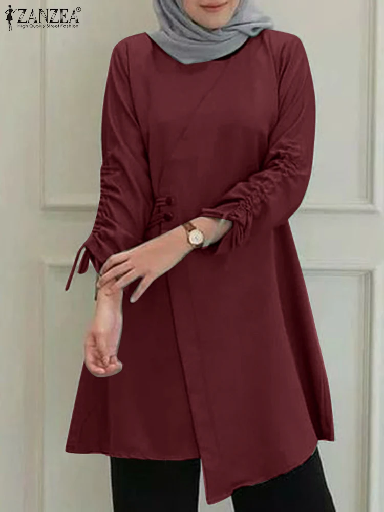 

2023 ZANZEA Casual Muslim Shirt Vintage Dubai Turkey Abaya Hijab Blouse Women Long Sleeve Drawstring Tops Solid Islamic Clothing