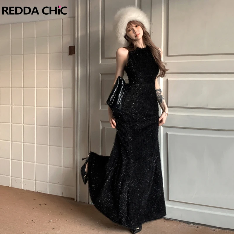 

ReddaChic Plush Glitter Maxi Long Party Gown Women Y2k Vintage Black Draped Round Neck Sleeveless Mermaid Fishtail Evening Dress