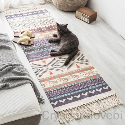 

40 Hand Tassel Woven Cotton Linen Carpet Bedside Rug Geometric Floor Mat Long Rug Bedspread Tapestry Home Decoration