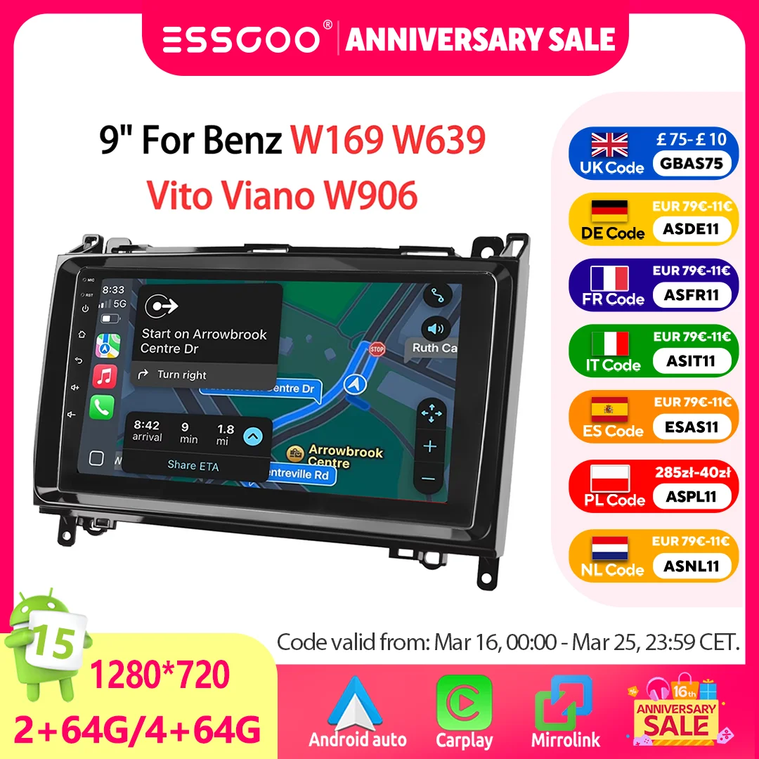 ESSGOO Android 15 Radio Samochodowe 9" Bezprzewodowy CarPlay Android Auto dla Mercedes Benz W169 W639 Vito Viano W906 Sprinter GPS Nawigacja WiFi Bluetooth Sterowanie z Kierownicy FM RDS Mirror Link Jednostka Główna