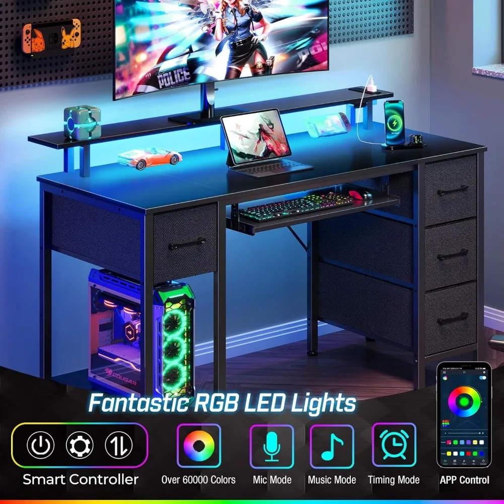 Computer Desk with LED Lights & Power Outlets, Home Office Desk with 4 Drawers, Writing Desk with Keyboard Tray 4
