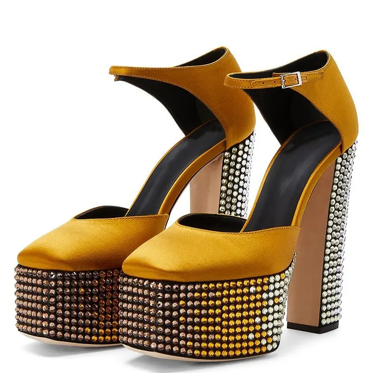 

Gold Platform Satin Rhinestones Pumps Women Square Toe Chunky Heels Wedding Dress Party Shoes Summer Ankle Buckle Elegance