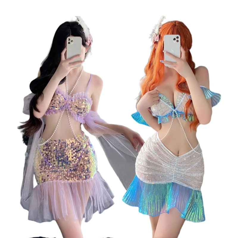 

Women Mermaid Cosplay Dress Sexy Uniforms Carnival Pool Party Sea Princess Blings Shiny Scales Dress Outfits Set Costumes Skirts