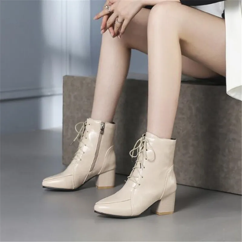 Size32-45 Autumn Winter Women Ankle Boots Plush Female Boots Fashion High Heel Women Work Shoes Pointed Toe Lace-Up Women Shoes