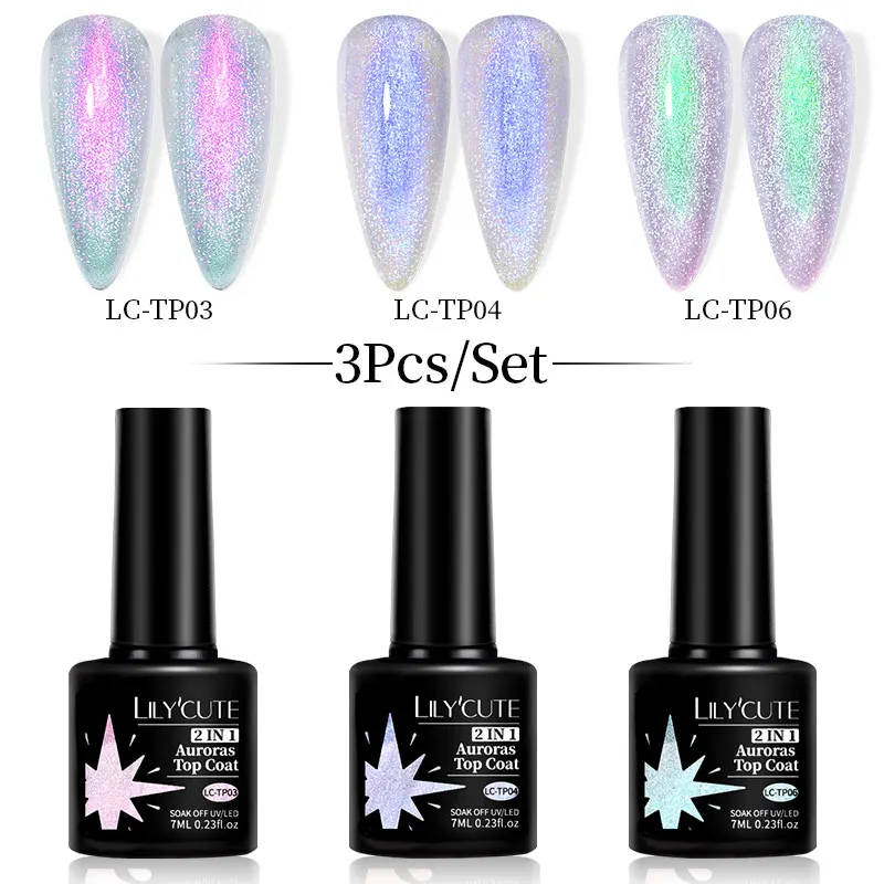 

LILYCUTE 3PCs/Set Aurora Top Coat Sparking Auroras Gel Nail Polish DIY Nail Art Semi Permanent UV Gel Can Be Used With Color Gel