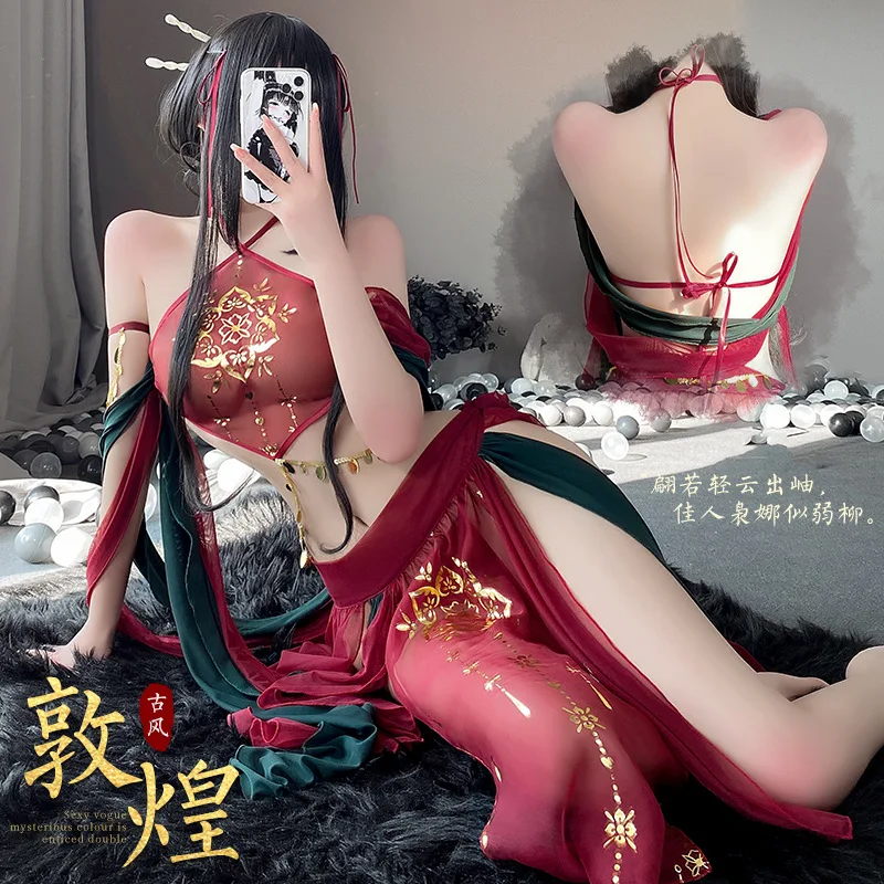 

Hanfu High Split Stage Costumes Anime Cosplay Nightdress Women Classical Sexy Lingerie Mesh Outfit Halter Lace Floral Long Dress