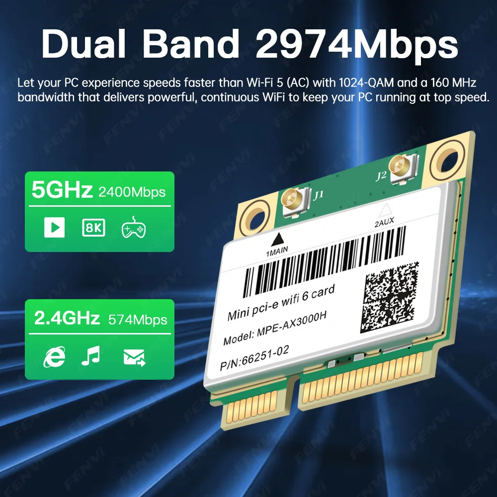 WiFi 6 MPE-AX3000H 미니 PCI-E 무선 카드 BT5.2 듀얼 밴드 2.4G/5GHz 2974M 802.11AX MU-MIMO 노트북용 초저 지연 시간 Win10
