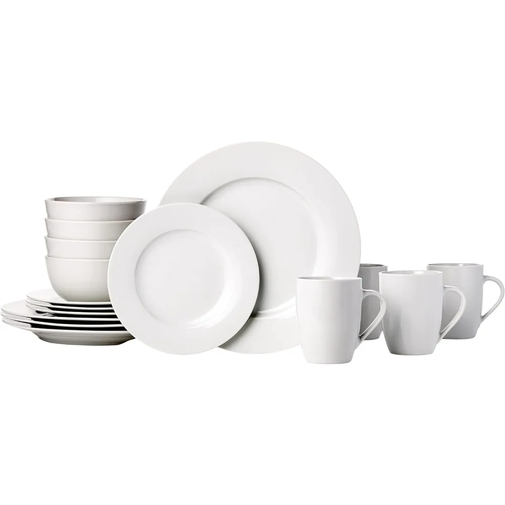 

Amazon Basics 16-Piece Porcelain Kitchen Dinnerware Set with Plates, Bowls and Mugs, Service for 4 - White