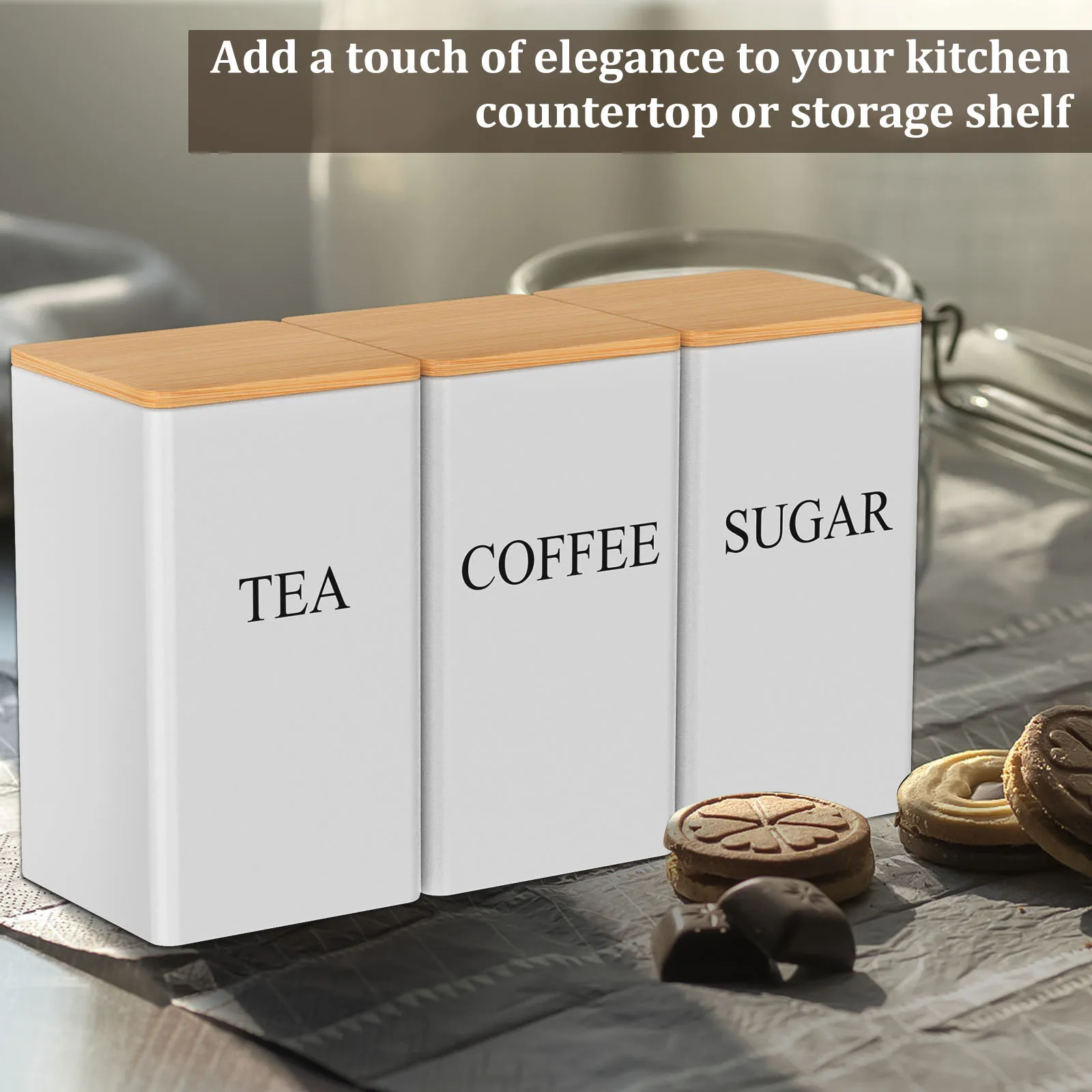 Coffee Storage Jars Set - 3Pcs Metal Containers with Bamboo Lids for Beans Sugar and Tea