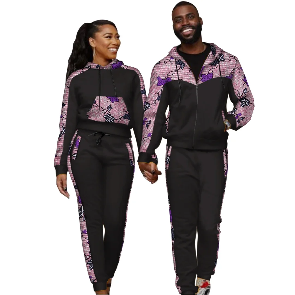 

Sport Women and Men's Tops and Trousers Set 2Pcs Jacket Coat Pant Couple Hodded Outwear African Lovers Couple Clothing