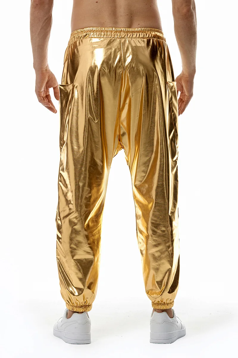 Shiny Metallic PU Leather Sweatpants Men Hip Hop Gold Coated Trousers Disco Nightclub Costume Stage Perform Pants for Singers 4