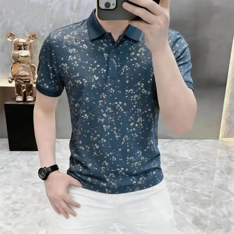 세련된 프린트 폴로 셔츠 남성 캐주얼 다용도 슬림핏 반팔 티셔츠 여름 신상 도시 패션 폴리에스터