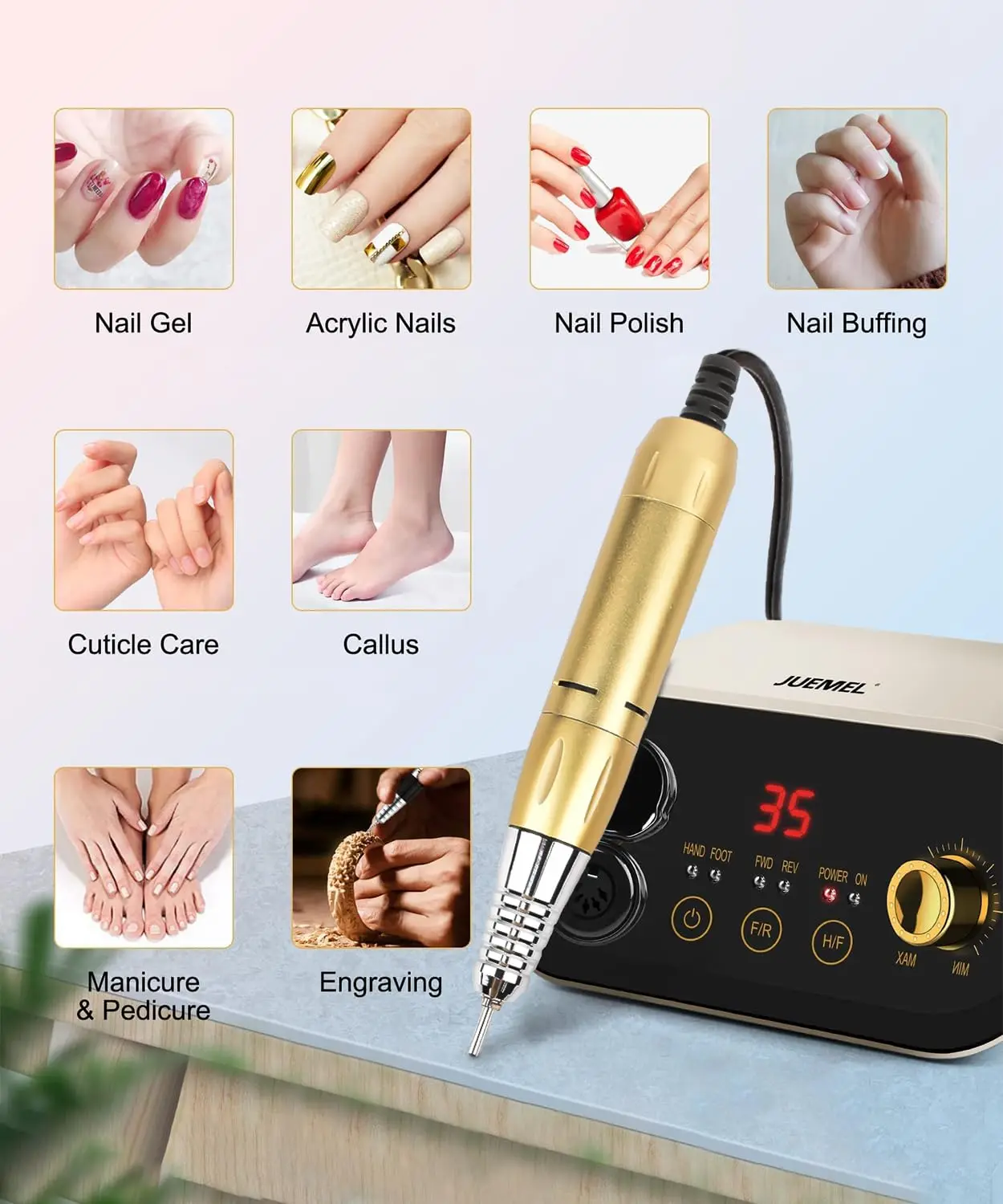 Nail Drill Machine 35000 rpm with Foot Pedal and Forward/Reverse Rotation,JUEMEL Electric Nail File for Gel Nails,Acrylic,Manicu 6