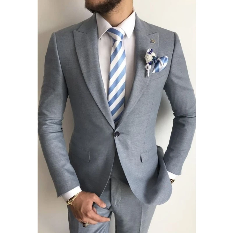 

Light Gray Men Suits Pants Set Solid Color Business One Button Workwear 2 Pieces Peaked Lapel Wedding Slim Fit Groom Wear