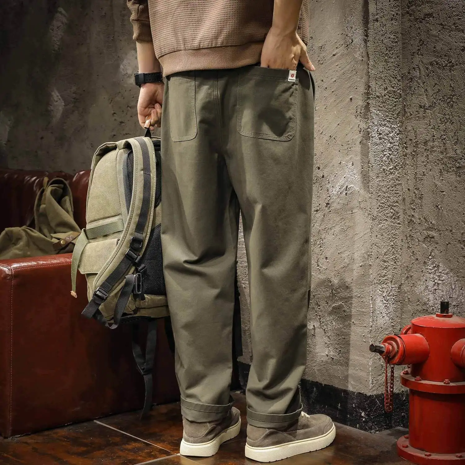 American Style Trend New Spring Casual Pants Men's Solid Pockets Badge Fashion Minimalist Safari Style Loose Wlde-waisted Pants