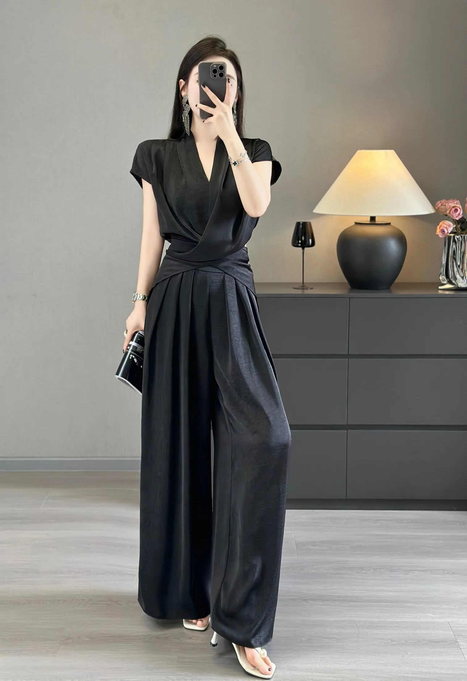 ZJYT Summer Lace Up Top and Wide Leg Pants 2 Piece Matching Sets Office Lady Work Wear Elegant Chic Trousers Suit Clothes Khaki 4