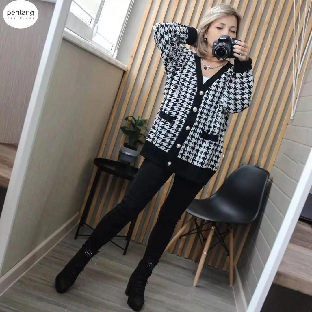 

V Neck Women Button Black Houndstooth Cardigan y2k Long Sleeve Sweater Autumn Winter Knitted Loose Oversized Jumper Casual