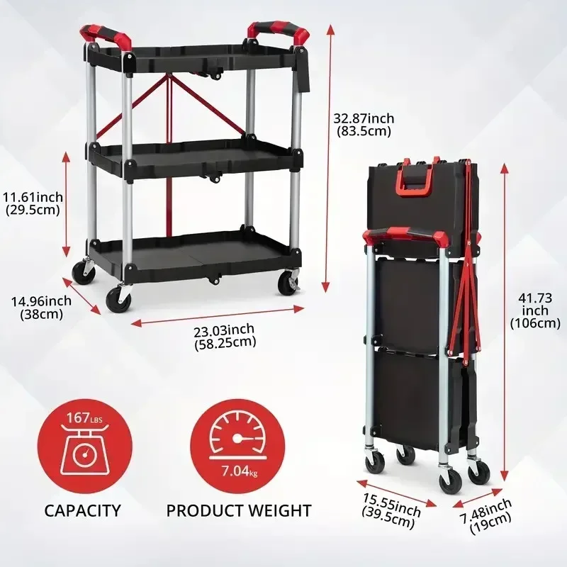 3-Tier Wheeled Portable Factory Direct Service Cart Low Duty Folding Utility Cart with Brakes for Kitchen Made Plastic Tool Use