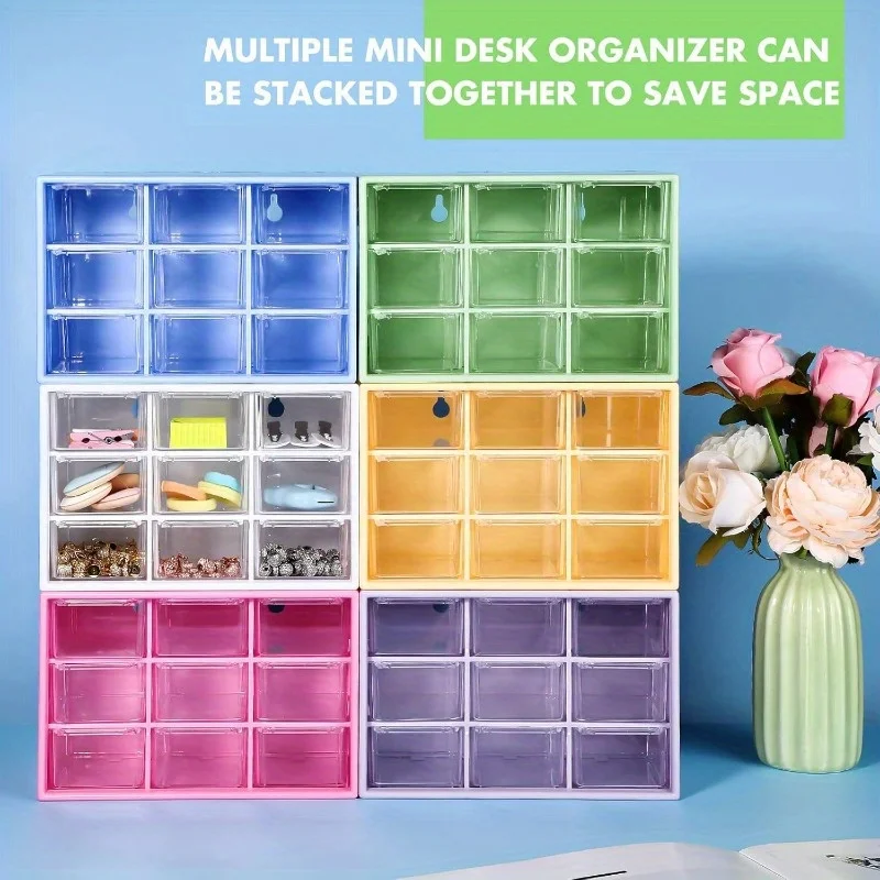 Small Organizer with Drawers Plastic Desktop Storage Box with 9 Drawers Desk Craft Organizer for Office Home Room Jewelry