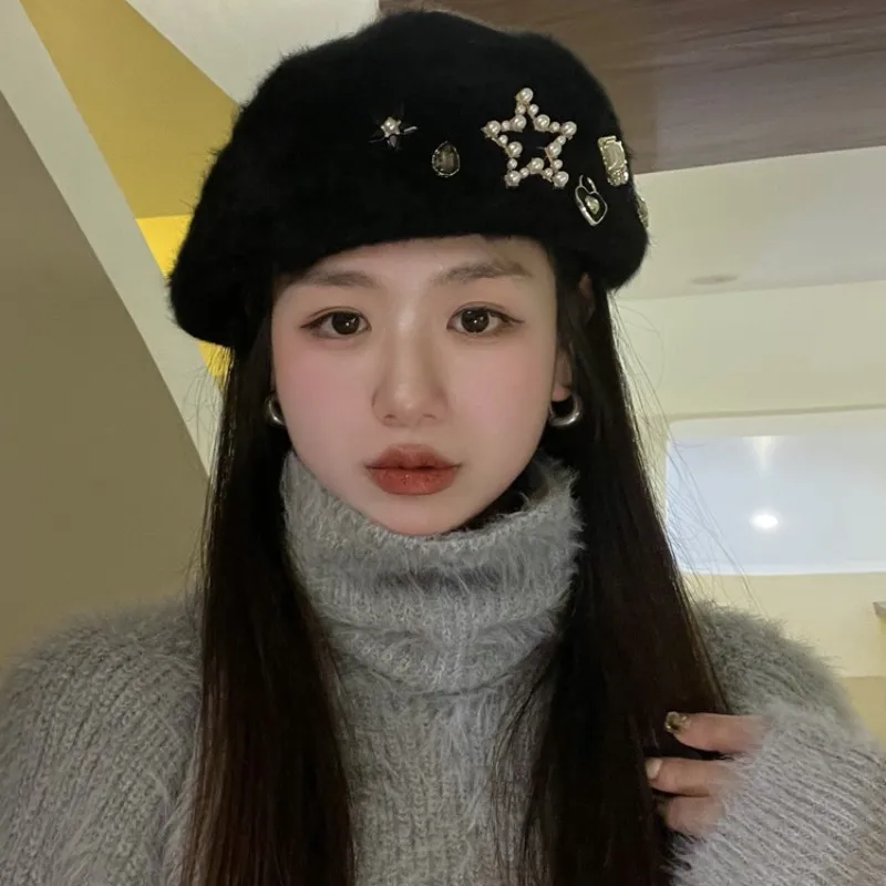 

Winter genuine rabbit hair rhinestone pearl decorated women's beret beanie Fashion French winter warm painter's hat