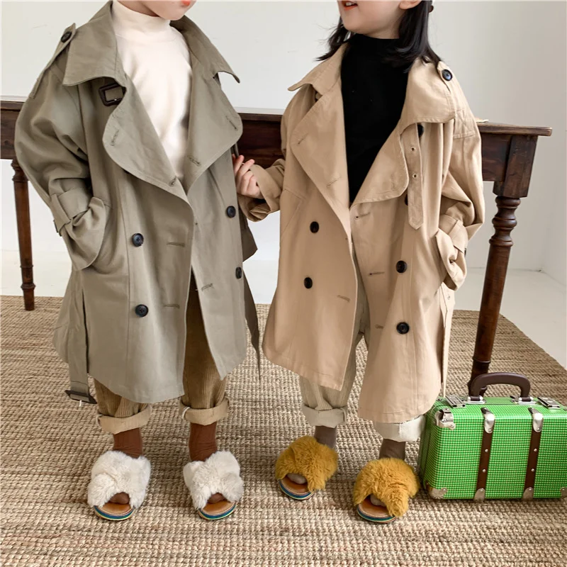 가을 가을 키즈 패션 트렌치, 큰 턴다운 칼라, 긴 바람막이, 어린이 겉옷,  코..