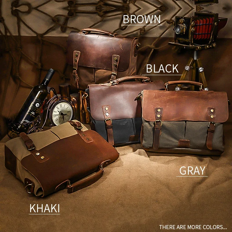 Vintage Crazy Horse Leather Canvas Messenger Bag Laptop Briefcase Crossbody Satchel