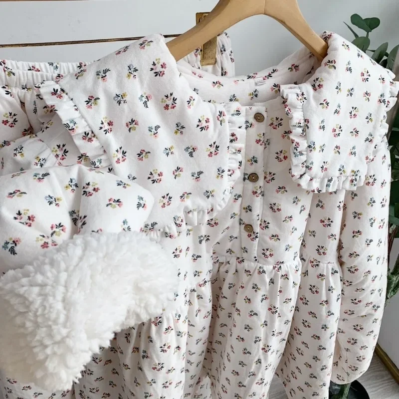 2023 New King-size Lilac Dolls Fleece Sleepwear Collar Thick Pajamas Loungewear Sets Loose Warm Nightwear Homewear Women