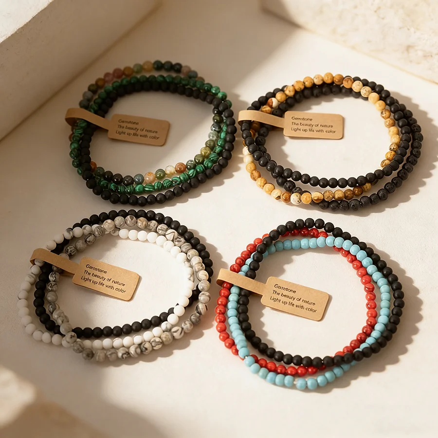 Neues 3-teiliges Armband-Set, Unisex, 4 mm, Lava-Malachit, mattierter Stein, positive Energie, Meditation, Heilung, Armband, vielseitiges Zubehör