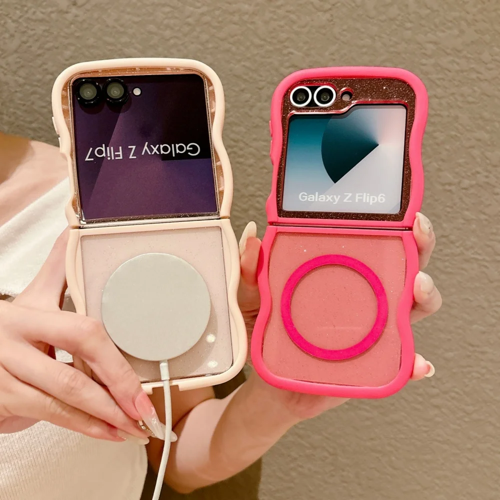 Luxury Transparent Glitter Case with Magnetic Wave Border, Shockproof Cover