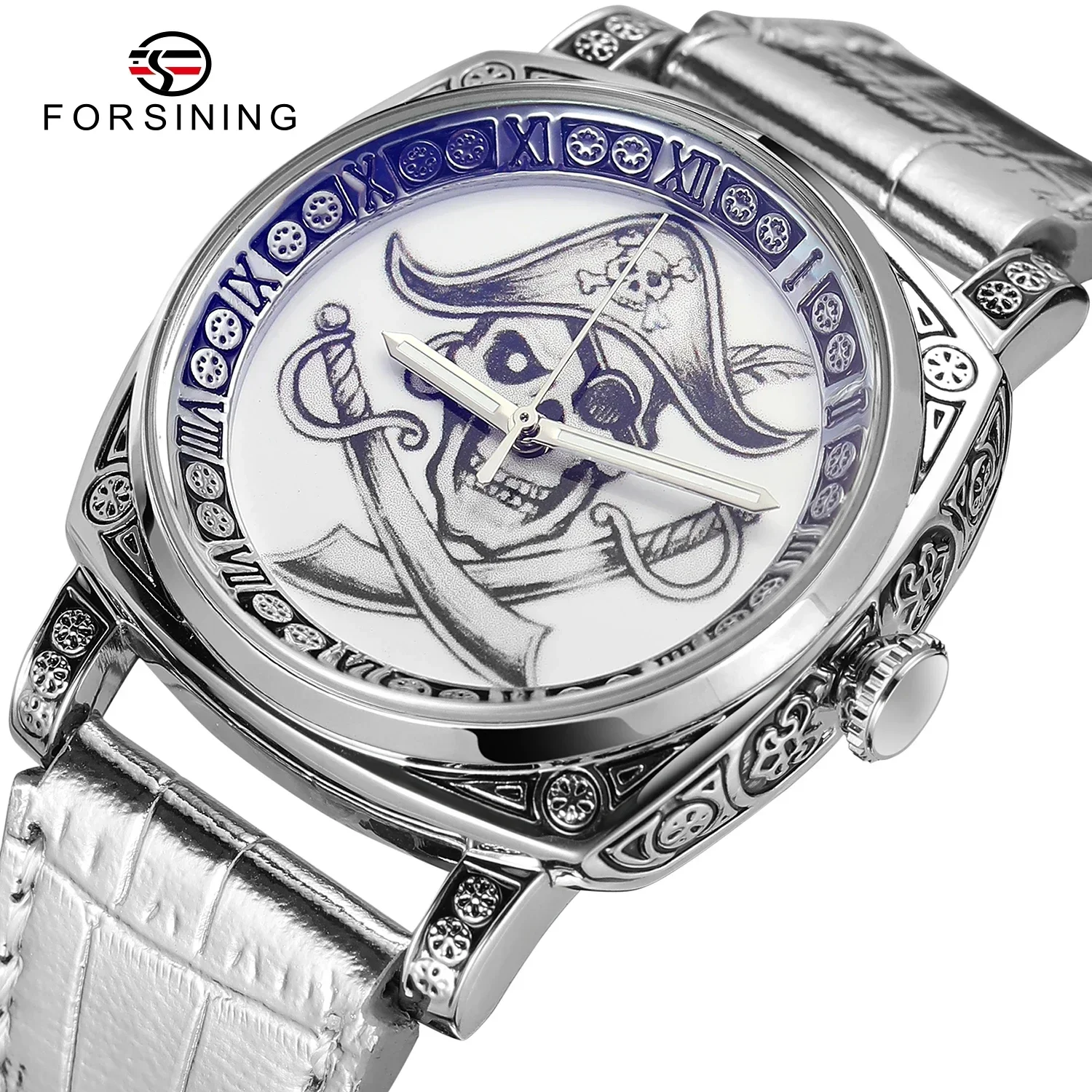 NEW Forsining Top Brand Mechanical Male Wristwatch Square Engraved Vintage Pirate Leather Strap Luminous Hands Men Watch 5